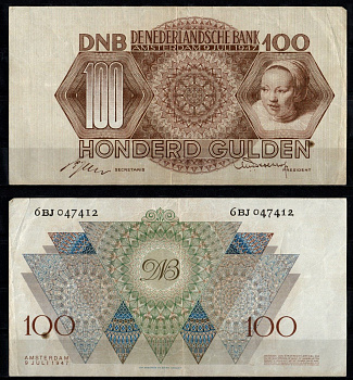 Нидерланды 100 гульденов 1947 Адриентье Холлаер (жена голландского художника Хендрика Сорга; картина Рембрандта, 1647) Pick 82 бумага 451-480-2