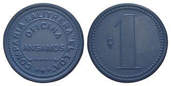 Чили, Ангамос (Angamos), Антофагаста шахтерский жетон с Селитряного рудника для покупки в местных магазинах, номиналом в 1 песо 1880-1920 диаметр 40 мм, вес 5,53 гр Espinosa 15.4 эбонит (синий) 1094-11-13