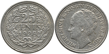Нидерланды 25 центов 1928 Вильгельмина (1890-1948) KM 164 серебро 4387-918