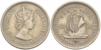 Британские Восточно-Карибские территории 10 центов 1965 Елизавета II (1952-2022), парусник KM 5 медно-никель 4532-1068