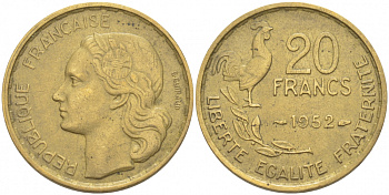 ФРАНЦИЯ 20 ФРАНКОВ 1952 KM 917.1 алюминиевая бронза 4402-1152
