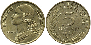 ФРАНЦИЯ 5 САНТИМОВ 1968 ТИП MARIANNE KM 933, LE FRANC 125.4 алюминиевая бронза 176-632