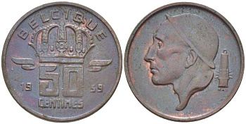 БЕЛЬГИЯ 50 САНТИМОВ 1959 BELGIQUE, БОДУЭН I (1951-1993) KM 148.1 бронза 116-1017
