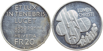 Швейцария 20 франков 2000 В, свет Христов KM 97 серебро PROOF 1524-741