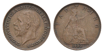 Великобритания 1 фартинг 1930 Георг V (1910-1936) KM 825, Spink 4061 бронза 4664-311