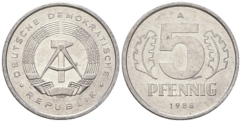 ГДР 5 пфеннигов 1988 A КМ 9.2 алюминий 3458-1261