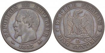 ФРАНЦИЯ 5 САНТИМОВ 1853 D, НАПОЛЕОН III (1852-1870) KM 777.4, LE FRANC 116.4 бронза 4448-1213