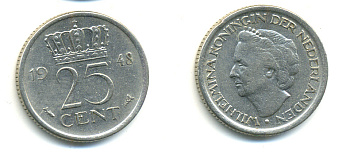 НИДЕРЛАНДЫ 25 ЦЕНТОВ 1948 ВИЛЬГЕЛЬМИНА KM 178 никель 83-1016