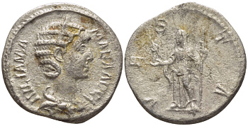 Римская Империя денарий 226 Юлия Мамея, мать Александра Севера VESTA, Веста, Рим Very fine RIC 360 серебро 1073-15-55