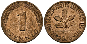 ФРГ 1 пфенниг 1978 F KM 105 сталь плакированная медью 4173-1043
