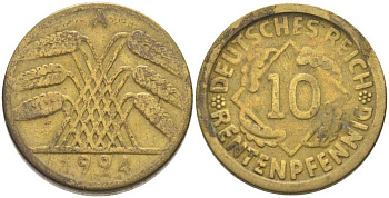ГЕРМАНИЯ 10 РЕНТЕНПФЕННИГОВ 1924 A KM 33, J.309, Weege 8 алюминиевая бронза 202-236