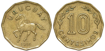 Уругвай 10 сентесимо 1981 KM 66 алюминиевая бронза 4169-522