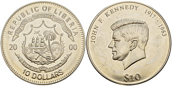 Либерия 10 долларов 2000 37 лет со дня смерти Джона Кеннеди UC 107 медно-никель UNC 3897-1121