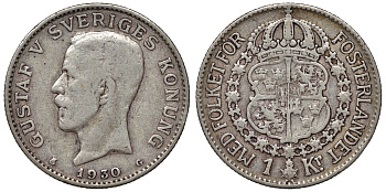 Швеция 1 крона 1930 G, Густав V (1907-1950) KM 786.2 серебро 4116-712