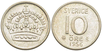 Швеция 10 эре 1956 TS, Густав VI Адольф (1950-1973) KM 823 серебро 116-1215