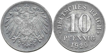 ГЕРМАНИЯ 10 ПФЕННИГОВ 1920 KM 26, J. 299 цинк 4401-144