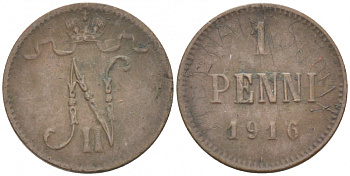 РОССИЯ ДЛЯ ФИНЛЯНДИИ 1 ПЕННИ 1916 НИКОЛАЙ II (1895-1917) KM 13, Биткин 476 медь 211-1034