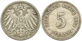 ГЕРМАНИЯ 5 ПФЕННИГОВ 1894 A KM 11, J. 12, Weege 6 медно-никель 206-913