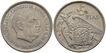 Испания 5 песет 1957 (71) Франсиско Франко (1939-1975) KM 786 медно-никель 186-711