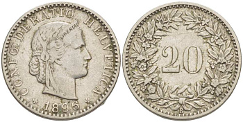 ШВЕЙЦАРИЯ 20 РАППЕНОВ 1896 В KM 29 никель 4513-241