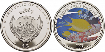 Палау 1 доллар 2008 серия вымирающие виды, амблиглифидодон лимонный (Amblyglyphidodon aureus), цветная эмаль KM 210 медно-никель PROOF 1071-10-34 M10-13
