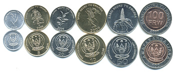 Руанда лот из 6 монет 2003-2011 1, 5, 10, 20, 50, 100 франков, одна монета биметалл UNC M78-19