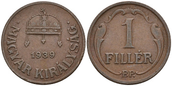 Венгрия 1 филлер 1939 BP KM 505 бронза 4115-1035