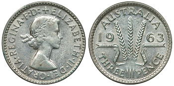 Австралия 3 пенса 1963 m, Елизавета II (1952-2022) KM 57 серебро 71-914