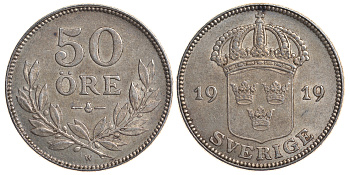 Швеция 50 эре 1919 W, Густав V (1907-1950) KM 788 серебро 4179-933