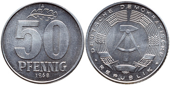 ГДР 50 пфеннигов 1968 А KM 12.2 алюминий UNC 76-1057