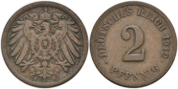 Германия 2 пфеннига 1912 F KM 16, J. 11, Weege 4 медь 4573-1157