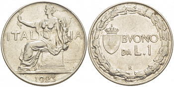 ИТАЛИЯ 1 ЛИРА 1923 R, ВИКТОР ИМАНУИЛ III KM 62 никель 3718-555