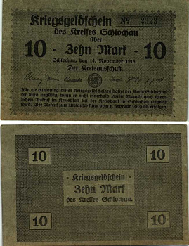 ШЛОЧАУ (ЧЛУХУВ) 10 МАРОК 1918 НОТГЕЛЬД, 14 НОЯБРЯ 1918 - 1 ФЕВРАЛЯ 1919, ПОЛЬША Geiger 475.02 бумага 6300-35-2-2