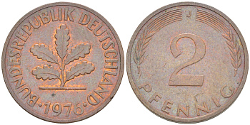 ФРГ 2 ПФЕННИГА 1976 J KM 106а, J. 381а сталь плакированная сталь плакированная медьюю 4181-818