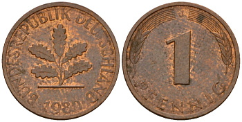 ФРГ 1 пфенниг 1980 J KM 105, J.380 сталь плакированная медью 4602-758