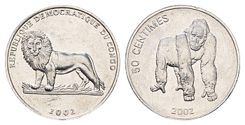 ДР Конго 50 сантимов 2002 Животные - Горилла KM 79 алюминий UNC 4678-125