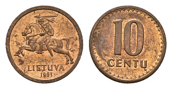 Литва 10 центов (сентов) 1991 год-тип KM 88 бронза aUNC 4651-364