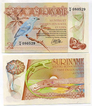 Суринам 2 1/2 гульдена 1985 голубая танагра, дамба Pick 119 a бумага UNC (пресс) 445-56-1