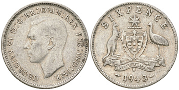 Австралия 6 пенсов 1943 S, Георг V (1936-1952) KM 38 серебро 4623-235