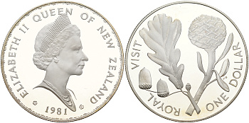 Новая Зеландия 1 доллар 1981 Королевский визит, английский дуб, Елизавета II (1952-2022) KM 50a серебро PROOF 1066-9-14