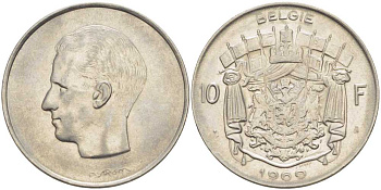 БЕЛЬГИЯ 10 ФРАНКОВ 1969 BELGIE, БОДУЭН I (1951-1993) KM 156.1 никель 213-437
