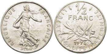 ФРАНЦИЯ 1/2 ФРАНКА 1976 СЕЯТЕЛЬ KM 931.1, LE FRANC 198.15 никель 175-946