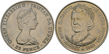 Тристан-да-Кунья 25 пенсов 1980 80 лет со дня рождения Королевы-Матери KM 3 медно-никель 4558-1222