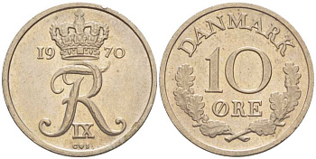 ДАНИЯ 10 ЭРЕ 1970 C; S, ФРЕДЕРИК IX (1947-1972) KM 849.1 медно-никель 4387-1046