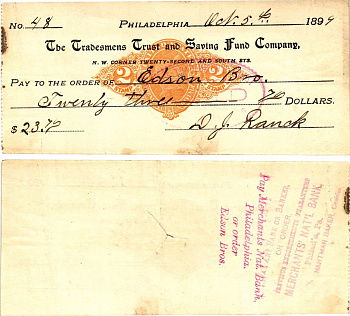 США чек на 23,70 долларов 1899 Филадельфия бумага 2196-28-1-2
