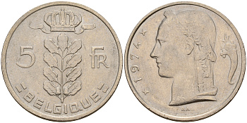 Бельгия 5 франков 1974 Belgique KM 134.1 медно-никель  UNC  4187-242