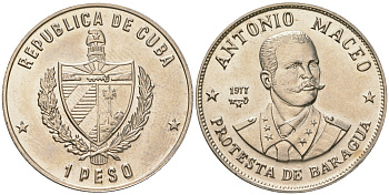 Куба 1 песо 1977 Антонио Масео (1845-1896) KM 189 медно-никель UNC 4165-236