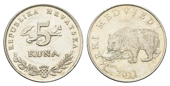Хорватия 5 кун 2011 бурый медведь, нечетный год KM 11 медь цинк никель    4660-426