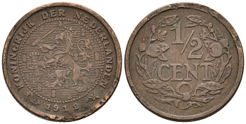 Нидерланды 1/2 цента 1912 Вильгельмина (1890-1948) KM 138 бронза 4576-344