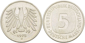 ФРГ 5 марок 1975 D, монетный двор Мюнхен КМ 140.1, J. 415 медно-никель плакированный никелем 115-516